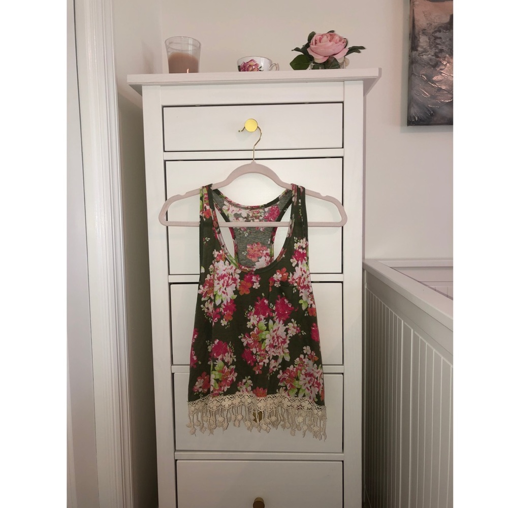 Green and Pink Floral Print Tank Top